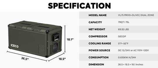 VL75ProD Olive 12V Heavy Duty Fridge Freezer | ICECO | 75 LT - Premium VL Pro Series by Xtreme Canopies