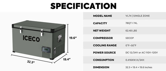 VL74 Single Zone Portable Freezer 12v | ICECO | 74 LT - Premium VL Series by Xtreme Canopies