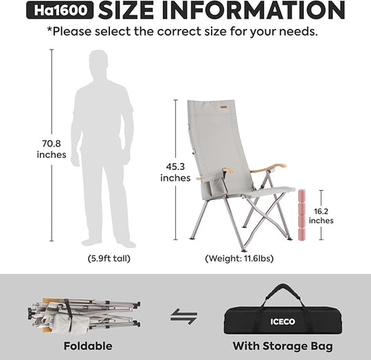 Ha1600 Adjustable Camping Chairs, High-Back Heavy Duty Folding Chair for Outside | ICECO - Premium Camping by Xtreme Canopies