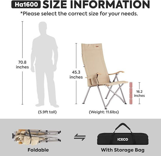 Ha1600 Adjustable Camping Chairs, High-Back Heavy Duty Folding Chair for Outside | ICECO - Premium Camping by Xtreme Canopies