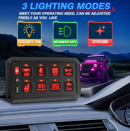8-Gang Switch Panel With RGB And Remote Control Bluetooth App - Premium Truck Accessory by Xtreme Canopies