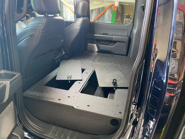 Ford - F150 2021-Present - 14th Gen. SuperCrew - Second Row Seat Delete Plate System with Factory B&O Subwoofer Center Wall with Exterior Port - Premium Seat Delete Plate System by Xtreme Canopies