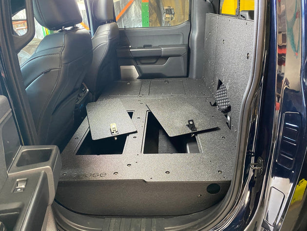 Ford - F150 2021-Present - 14th Gen. SuperCrew - Second Row Seat Delete Plate System with Factory B&O Subwoofer Center Wall with Exterior Port - Premium Seat Delete Plate System by Xtreme Canopies