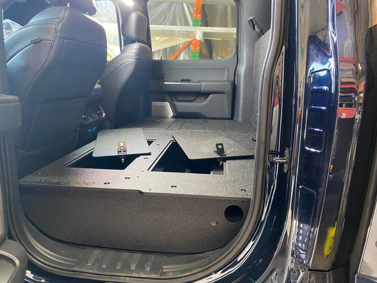 Ford Super Duty Ford - F250-F550 - 2023-Present - 5th Gen. Crew Cab - Second Row Seat Delete Plate System with Factory B&O Subwoofer Center Wall with Exterior Port - Premium Seat Delete Plate System by Xtreme Canopies